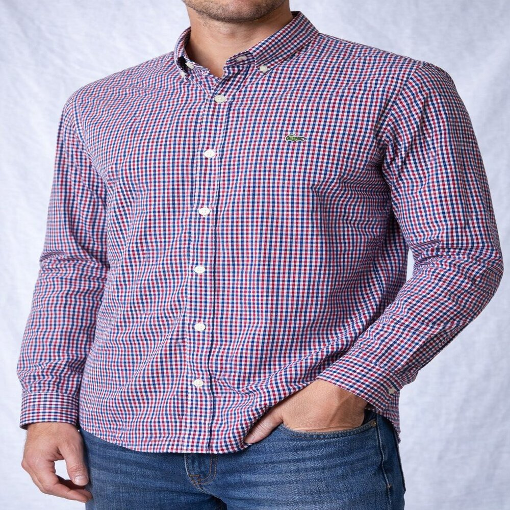 Men's Lacoste Classic‎ Plaid Button-Down Shirt Blue Red White Size 38